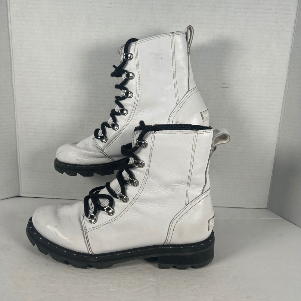Sorel Lennox Lace‎ Waterproof White Leather Combat Boots NL3954-100 Womens 8.5
